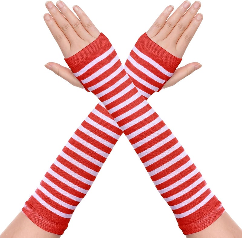 Tongcloud 1 Pair Womens Girls Punk Gothic Striped Knitted Arm Warmers Fingerless Gloves for Halloween Costume - Image 1